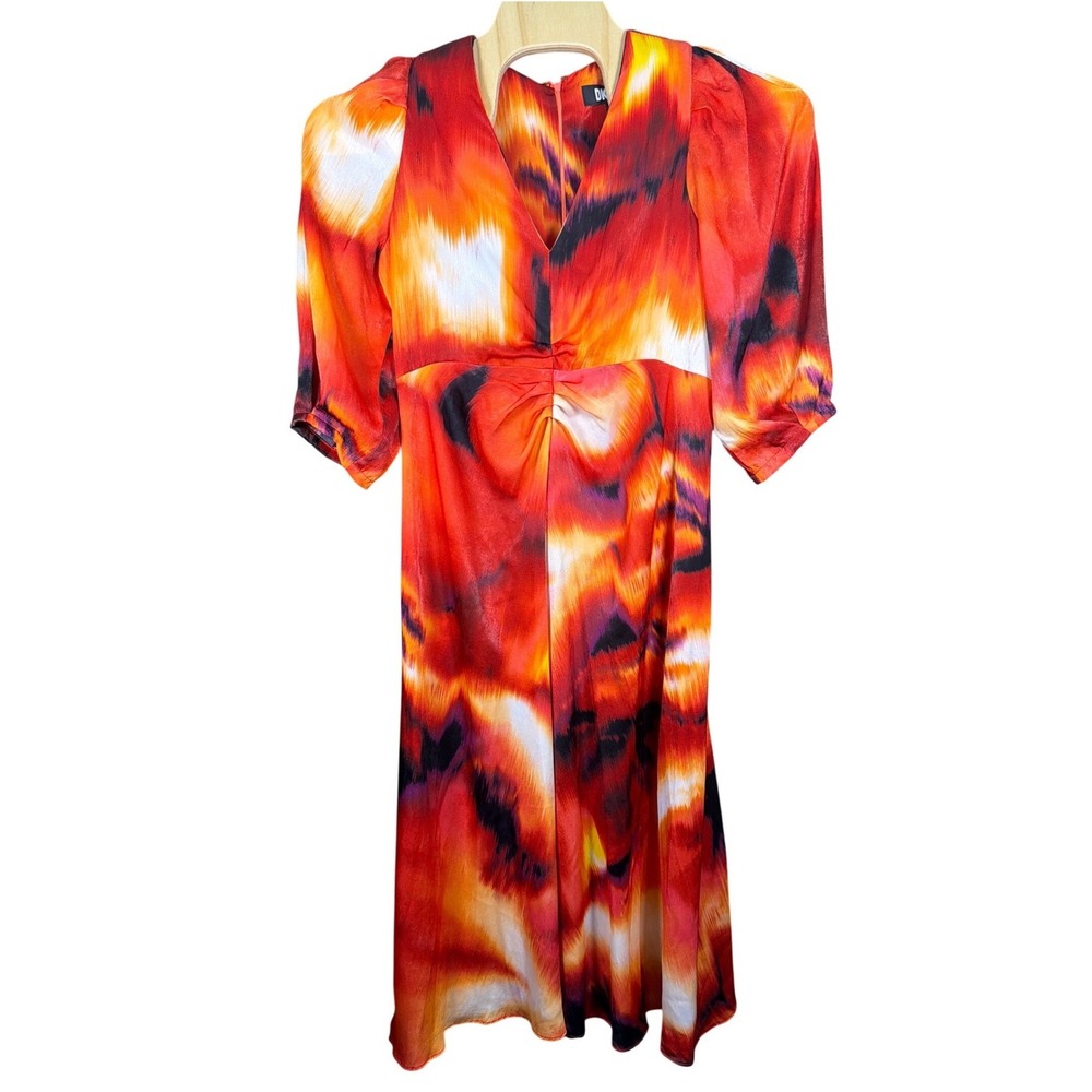 DKNY Women Orange Red Abstract Fire Print V-Neck Puff Sleeve Midi Dress Large